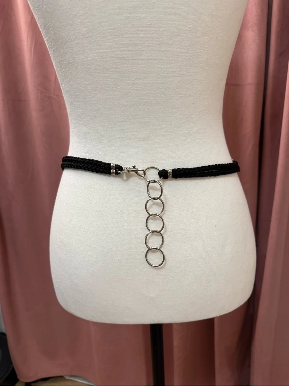 Black Braided Rope Waist Belt with Silver Ring Detail